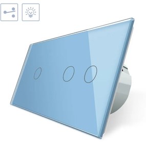 Comutador/interruptor 2 módulos tátil 3 botões, Painel frente azul vidro temperado