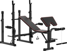 Banco de Musculação Dobrável Banco Multifunções com Suportes para Barras e Encosto Ajustável para Treino Completo de Corpo Preto