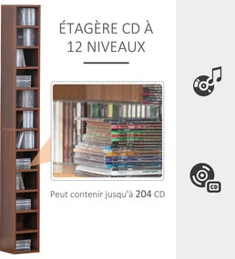 Organizadores para CD e DVD, estante vertical, móvel de arrumação com 12 compartimentos, capacidade máxima de 204 CD, 21 x 20 x 175 cm, castanho