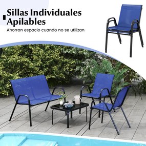 Conjunto de jardim exterior de 4 peças Mesa de café em vidro temperado Banco e 2 cadeiras individuais Tecido Textilene Mesa e cadeiras azuis