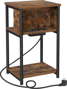 Mesa de cabeçeira ou de apoio com 2 tomadas eléctricas e 2 portas USB 30 x 34 x 58 cm Castanho Vintage e preta