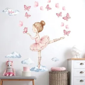 Autocolante personalizado para menina - Bailarina com borboletas e nome