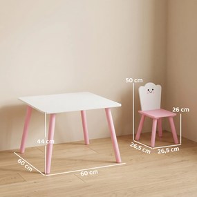 Conjunto Mesa e 2 Cadeiras para Crianças 3-6 Anos em Madeira com Cantos Arredondados, Tema Algodão Doce, Rosa