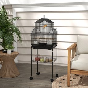 Gaiola para pássaros 50,5 x 41 x 121 cm com comedouros, poleiros, 3 portas, tabuleiro removível para excrementos + pega de transporte, preta