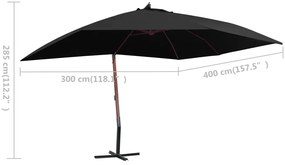 Guarda-sol suspenso com mastro de madeira 400x300 cm preto