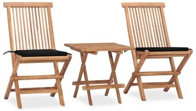 3 pcs conj. jantar dobrável exterior c/ almofadão teca maciça