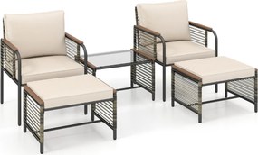 Conjunto de jardim 5 peças Rattan com Almofadas 2 Pufes Mesa de Vidro temperado Bege