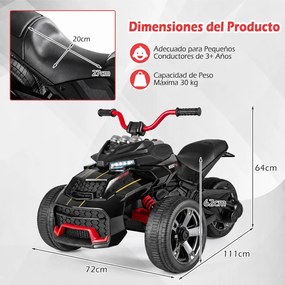 Moto Elétrica Infantil crianças 3 a 6 anos de Três Rodas, 72 x 111 x 64 cm, Dois Motores de 25 W, Vermelho+Preto