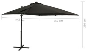 Guarda-sol jardim cantilever c/ poste e luzes LED 250 cm preto
