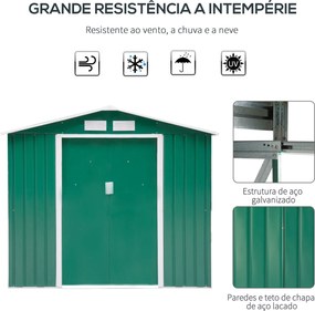 Abrigo de Jardim 213x130x185cm Abrigo de Jardim Metálico de Exterior com 2 Portas Deslizantes e 4 Janelas Verde