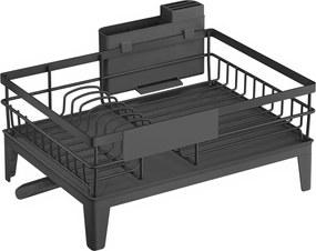 Escorredor de pratos com tabuleiro 31 x 42 x 18,5 cm, escoamento giratório, suporte para talheres preto