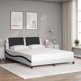 Estrutura cama c/ cabeceira 160x200 couro artif. branco/preto