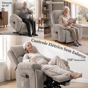 Poltrona Relax Elétrico Elevatório com Massagem Vibratória Aquecimento Molas Ensacadas Comando Porta-Copos e Bolsos  Bege