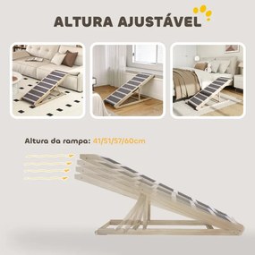 Rampa para Cães Dobrável com Altura Ajustável 41-60 cm e Tapete Antiderrapante 120x50x60 cm Madeira e Cinza