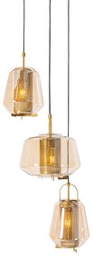 Candeeiro suspenso vidro âmbar dourado redondo 3 luzes - Kevin Art Deco