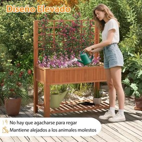 Floreira elevada em madeira com treliça e prateleira, vaso com orifícios de drenagem, caixa para plantas de jardim, cor Castanho