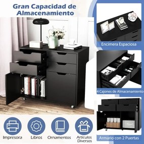 Armário de Escritório e 2 portas Móvel com gavetas móveis e 5 rodas 73 x 40 x 64,5 cm Preto