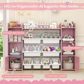 Estante infantil grande para guardar brinquedos de 4 níveis com 8 caixas removíveis para quarto 142 x 30 x 100 cm Rosa
