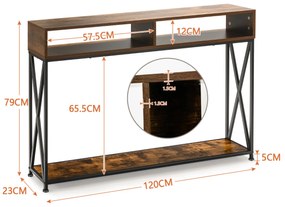 Consola com 2 níveis Mesa lateral de sofá com prateleira aberta e compartimentos de armazenamento em aço Mesa de entrada compacta em Castanho