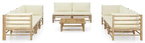 9 pcs conj. lounge p/ jardim em bambu c/ almofadões branco nata