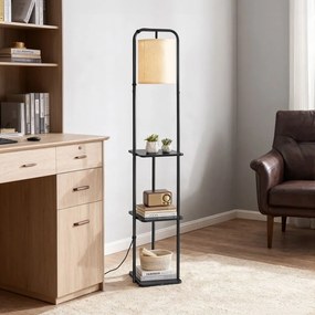 Candeeiro de pé com 3 prateleiras 29,9 x 31,8 x 160,5 cm, equipado com uma lâmpada LED e interruptor de pé, preto