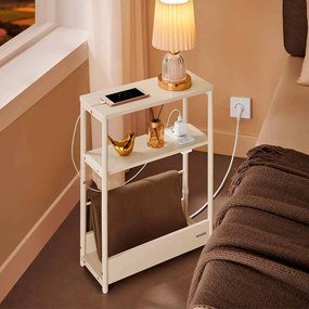 Mesa de apoio, mesa de cabeçeira com 1 tomada e 2 portas USB, e com 3 prateleiras estreita 18 x 45 x 58 cm em branco creme