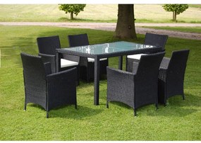 7 pcs conjunto jantar exterior com almofadões vime PE preto