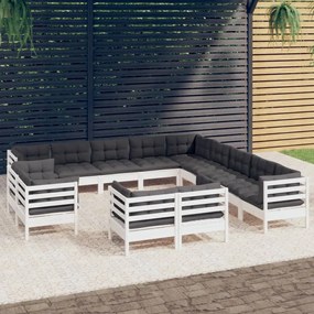 vidaXL 13 pcs conj. lounge de jardim c/ almofadões pinho maciço branco