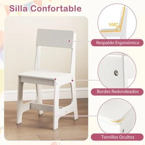 Conjunto de secretaria e cadeira infantil com estante, gaveta, armário, quadro de cortiça e banco com encosto inclinado 109,5 x 48 x 100,5 cm Branco