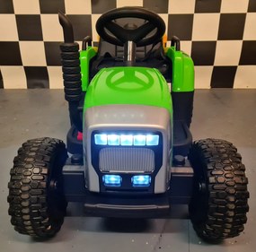 Tractor de bateria para crianças 12 volts,  Pneus borracha, banco em pele com reboque e Comando verde