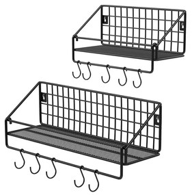 Prateleiras de parede de metal industriais SONGMICS, cada uma com capacidade para 15 kg, pacote com 2 prateleiras de cozinha com 10 ganchos, para quarto e sala de estar, 30 x 12 x 13 cm, 40 x 12 x 13 cm, preto LFS02BK