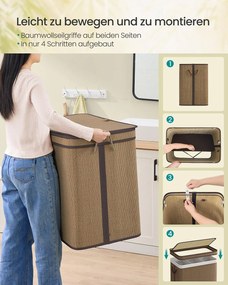 Cesto para roupa suja de 170 litros 67 x 44 x 61 cm em bambu com 3 compartimentos e tampa castanho