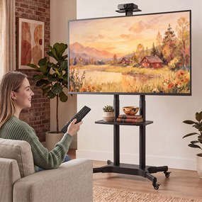 Suporte para TV com Rodas para Televisores de 32-75 Polegadas, Altura Ajustável, Rodas com Travão, VESA máx. 400 x 600 mm