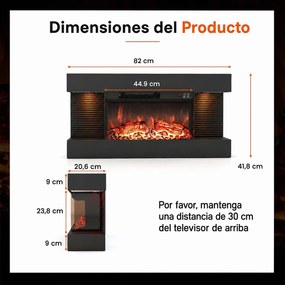 Lareira Elétrica Encastrável, 82 x 20,6 x 41,8 cm, Visão Tripla, Preto