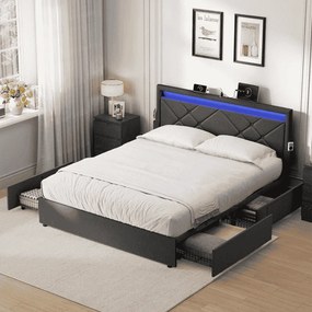 Estrutura de cama casal 180 x 200 cm (COLCHÃO NÃO INCLUIDO) em metal com iluminação LED nas gavetas e cabeceira cinzento escuro