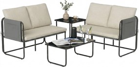 Conjunto de Jardim de 4 peças Móveis de Exterior com 2 Sofás de 2 Lugares 2 Mesas de Vidro Almofadas Capas Removíveis Preto e Bege