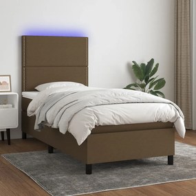 Cama box spring c/ colchão/LED 90x190 cm tecido castanho-escuro