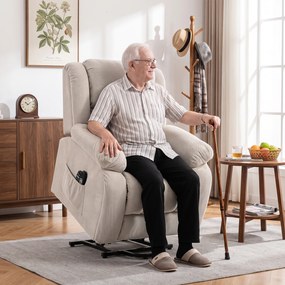 Poltrona Reclinável Elétrica Elevatória com Massagem Vibratória, Calor, Assento Largo, USB e Bolsos, Bege