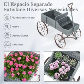 Carrinho floreira de madeira decorativo com rodas e 2 secções para plantas Jardim Pátio 62 x 34 x 60 cm Cinzento