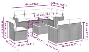 9 pcs conjunto de sofás p/ jardim com almofadões vime PE bege