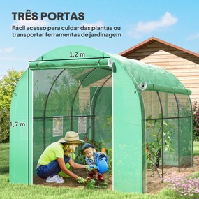Estufa Tipo Túnel 296x196x200 cm Estufa de Jardim com 3 Portas e 6 Janelas Enroláveis Teto Curvo para Cultivo Verde