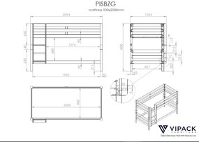 Beliche PINO 90 x 200 cm e altura 140 cm + Gaveta Cinzenta