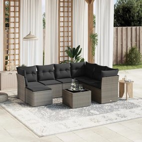 8 pcs conjunto sofás de jardim c/ almofadões vime PE cinzento