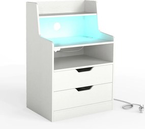 Mesa de cabeceira LED com estação de carregamento com 2 gavetas e prateleira aberta 45 x 35 x 72,5 cm Branca