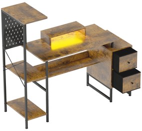 HOMCOM Secretária Estilo Industrial com Luzes LED Estação de Carga Suporte para Monitor Controlo Remoto 142x50x126,5 cm Castanho Rústico
