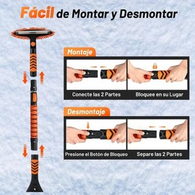 Pá de neve extensível 4 em 1 Raspador de gelo de 107 cm para pára-brisas Cabeça de escova giratória de 180° Cabo em EVA laranja