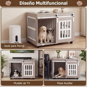 Gaiola para cães com mesa auxiliar interior e porta de correr 80 x 56 x 62,5 cm, para animais de médio e grande porte, com capacidade para 30 kg Cinze