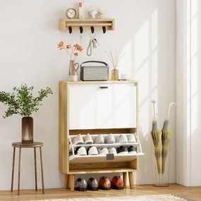 Sapateira Estreita com 2 Portas em Branco Brilhante e Estantes Ajustáveis Pés de Madeira para 12 Pares de Sapatos 60x24x91 cm