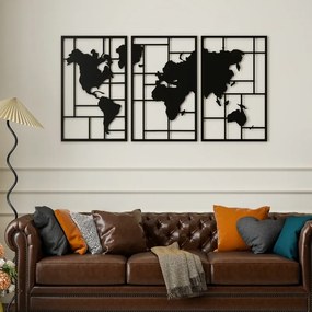 Decoração de Parede em Metal com Mapa Múndi Conjunto de 3 Peças Quadros de Parede Metálicos Preto