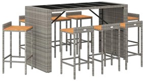 9 pcs conjunto de bar p/ jardim vime PE/acácia maciça cinzento